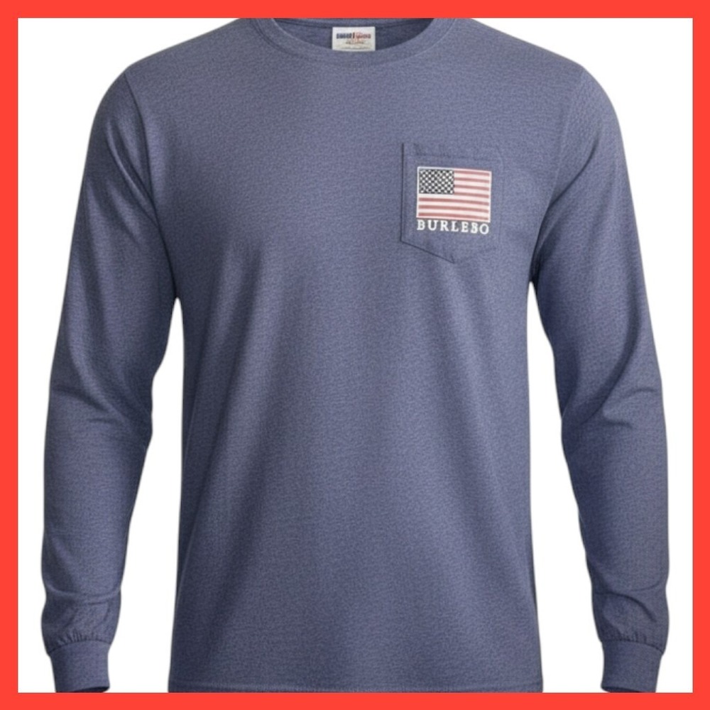 NWT Burlebo Raised on Reagan American Flag Graphic Long Sleeve Pocket Tee Navy